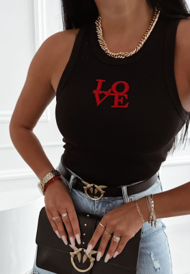 Ribbed top with Love embroidery black and red