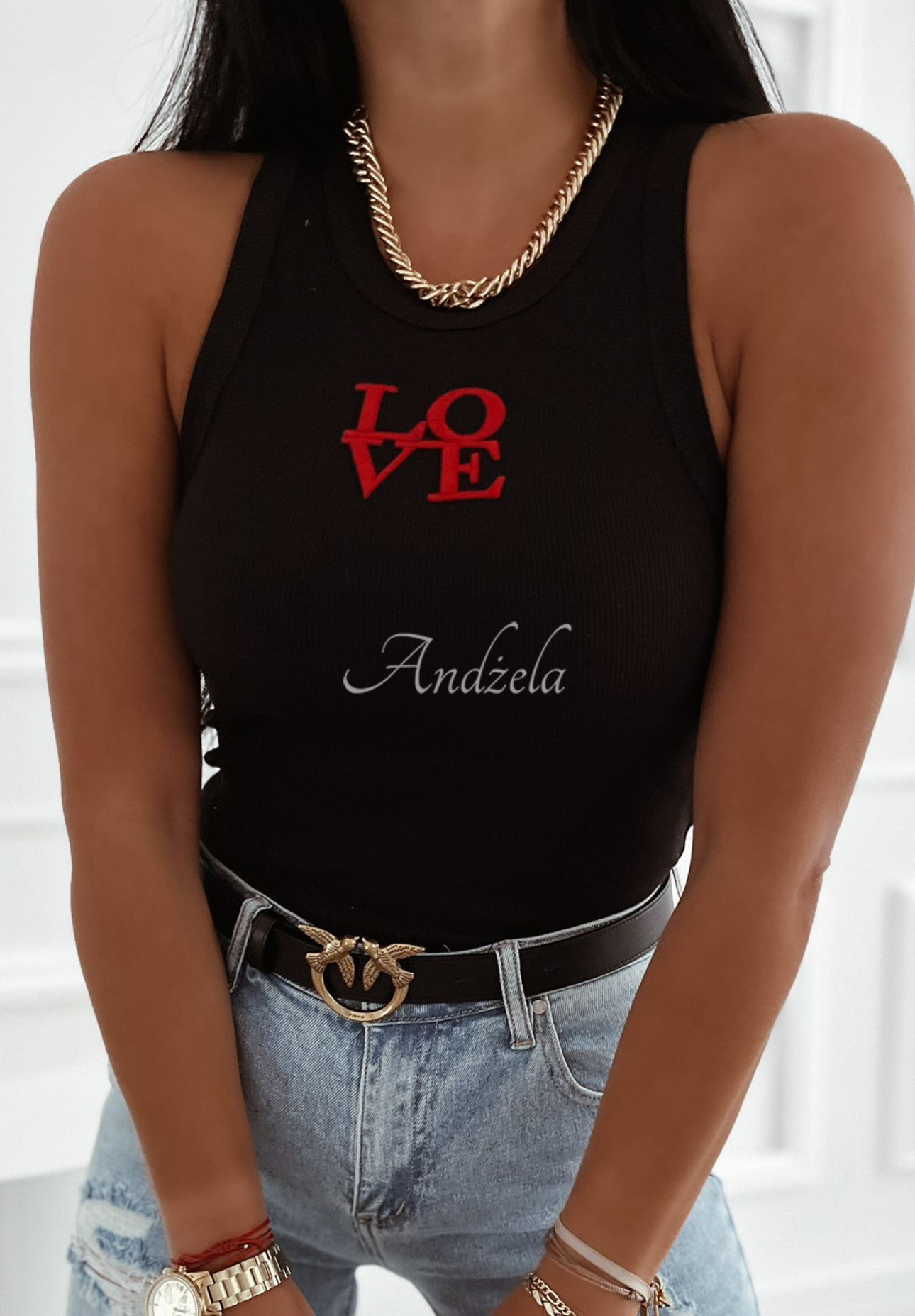 Ribbed top with Love embroidery black and red