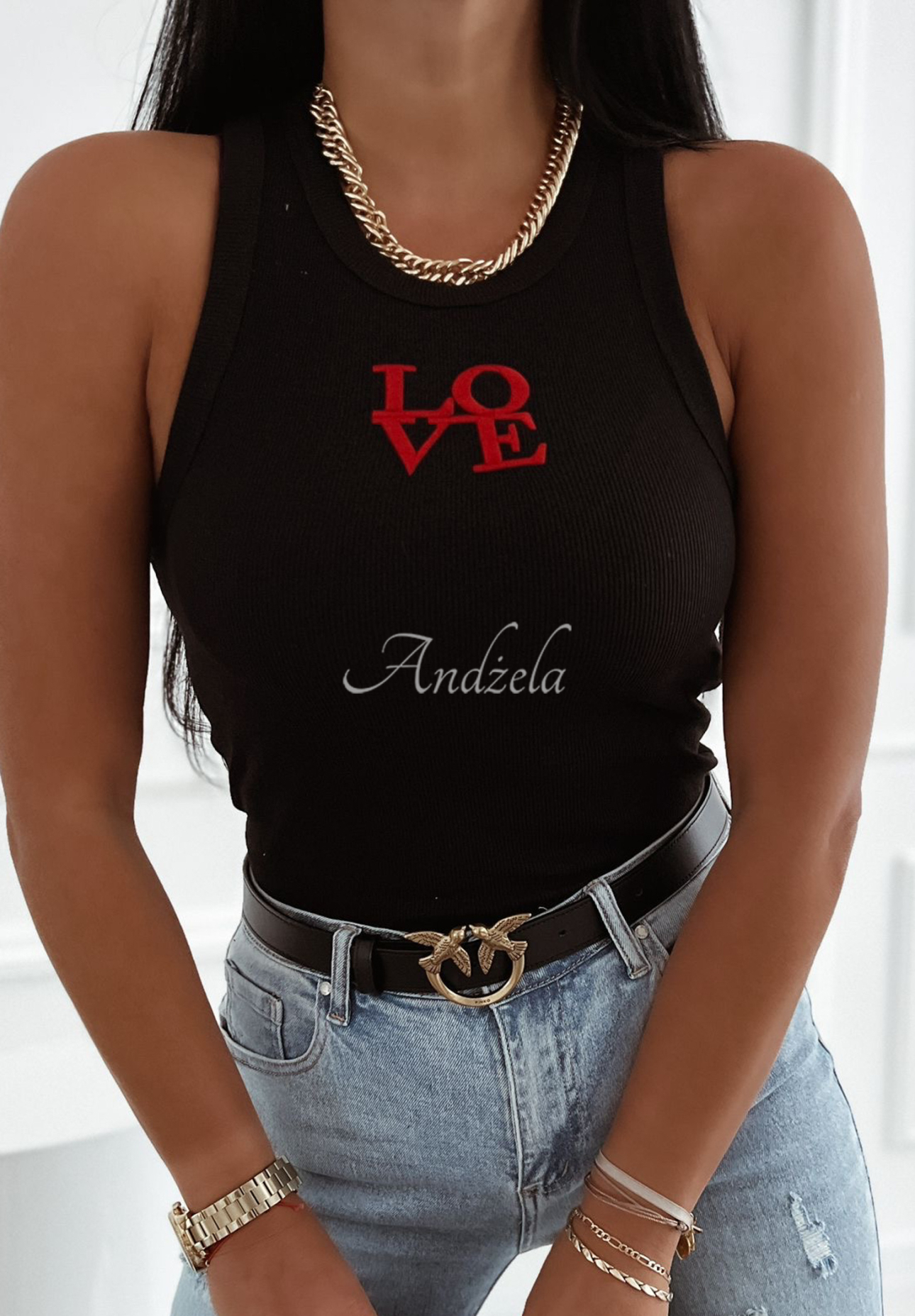 Ribbed top with Love embroidery black and red