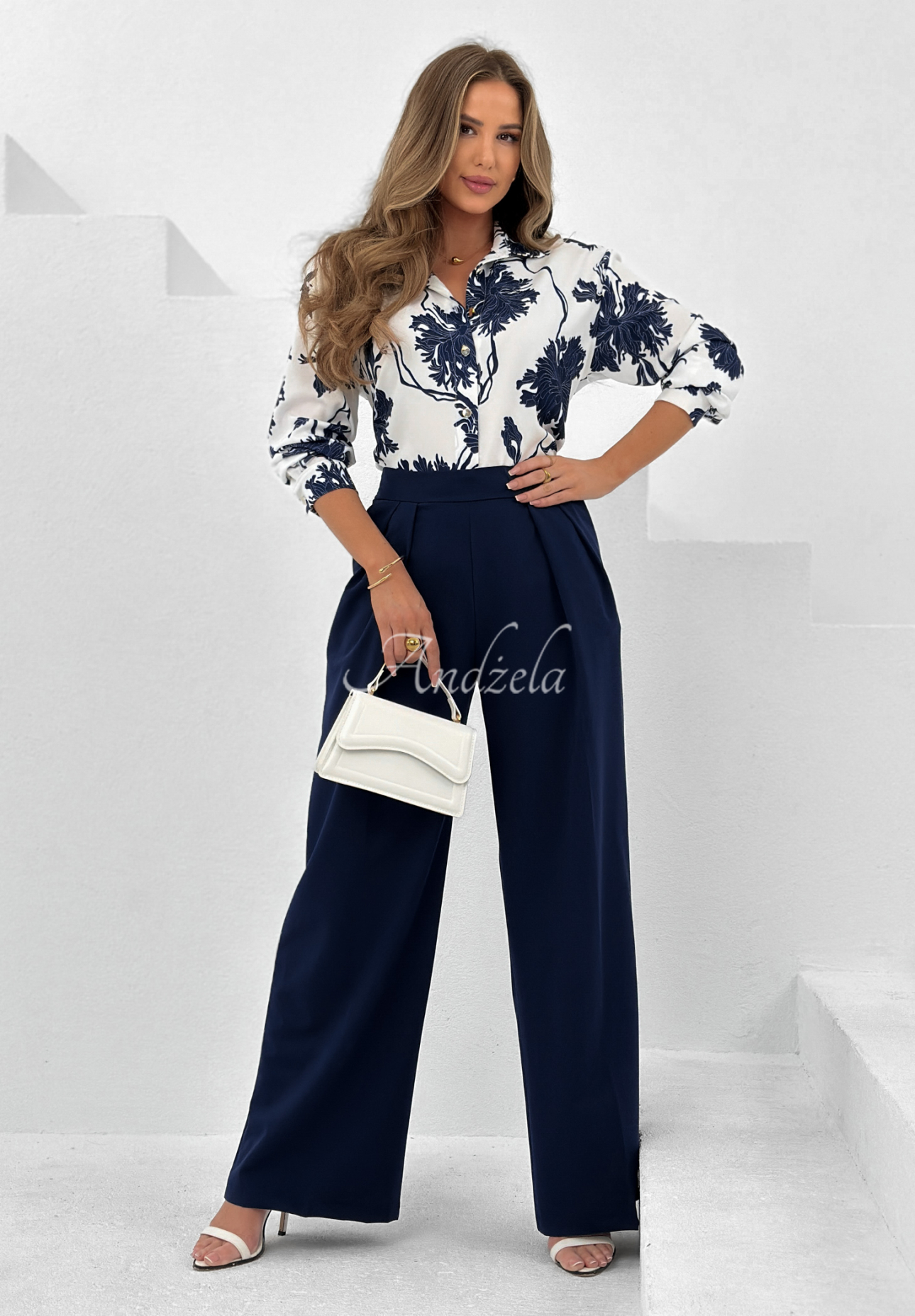 Fabric wide leg pants Not Difficult navy blue