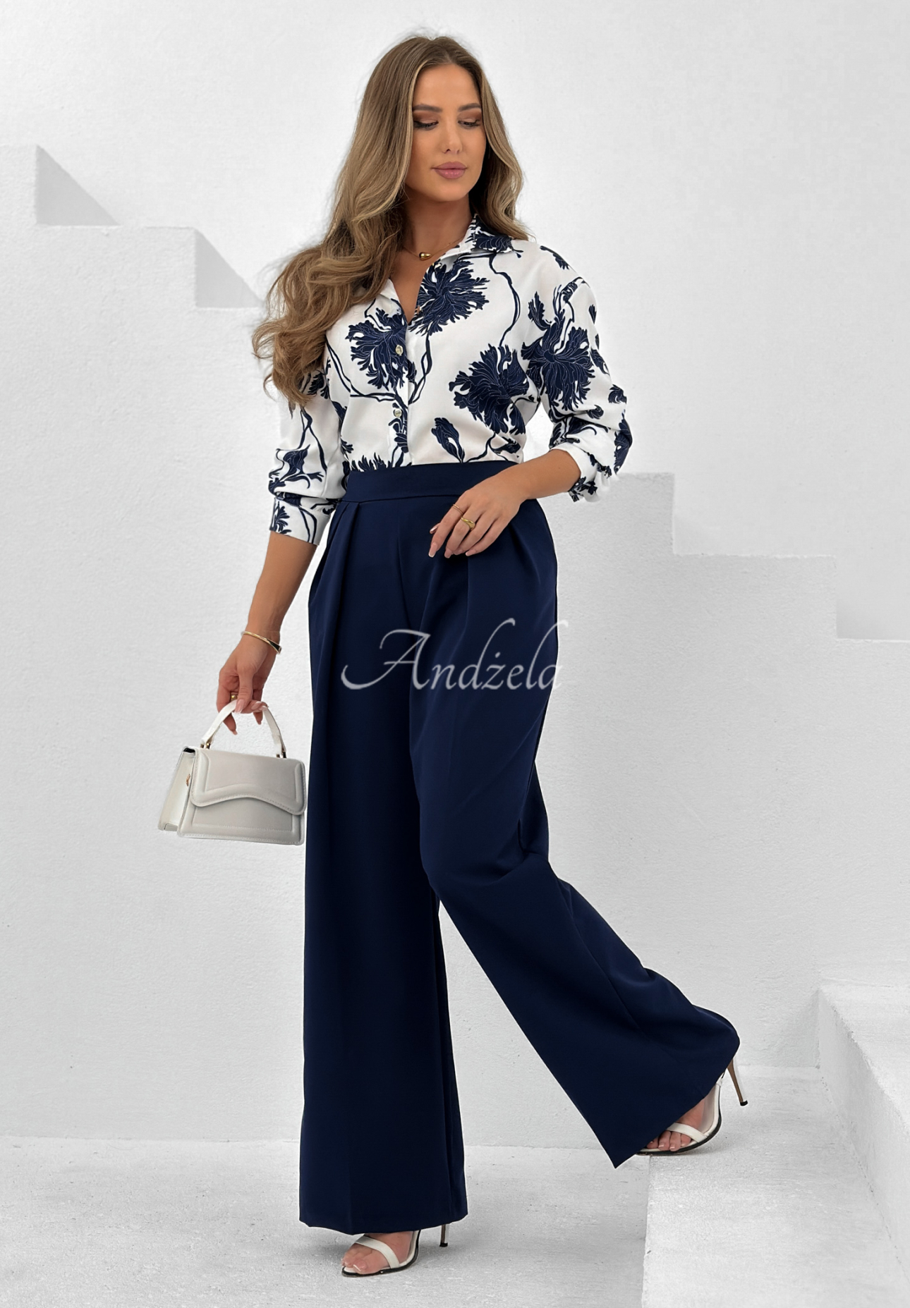 Fabric wide leg pants Not Difficult navy blue