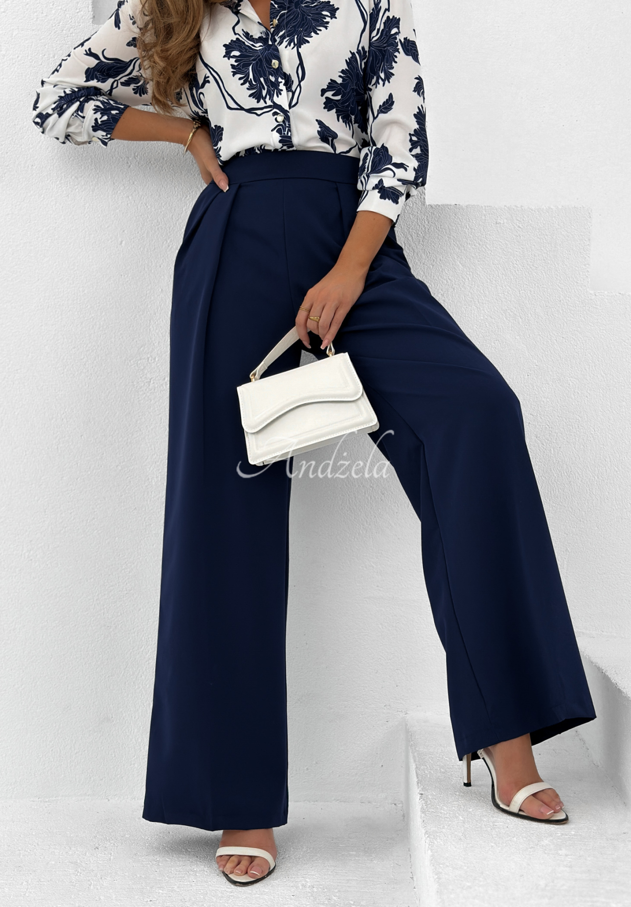 Fabric wide leg pants Not Difficult navy blue