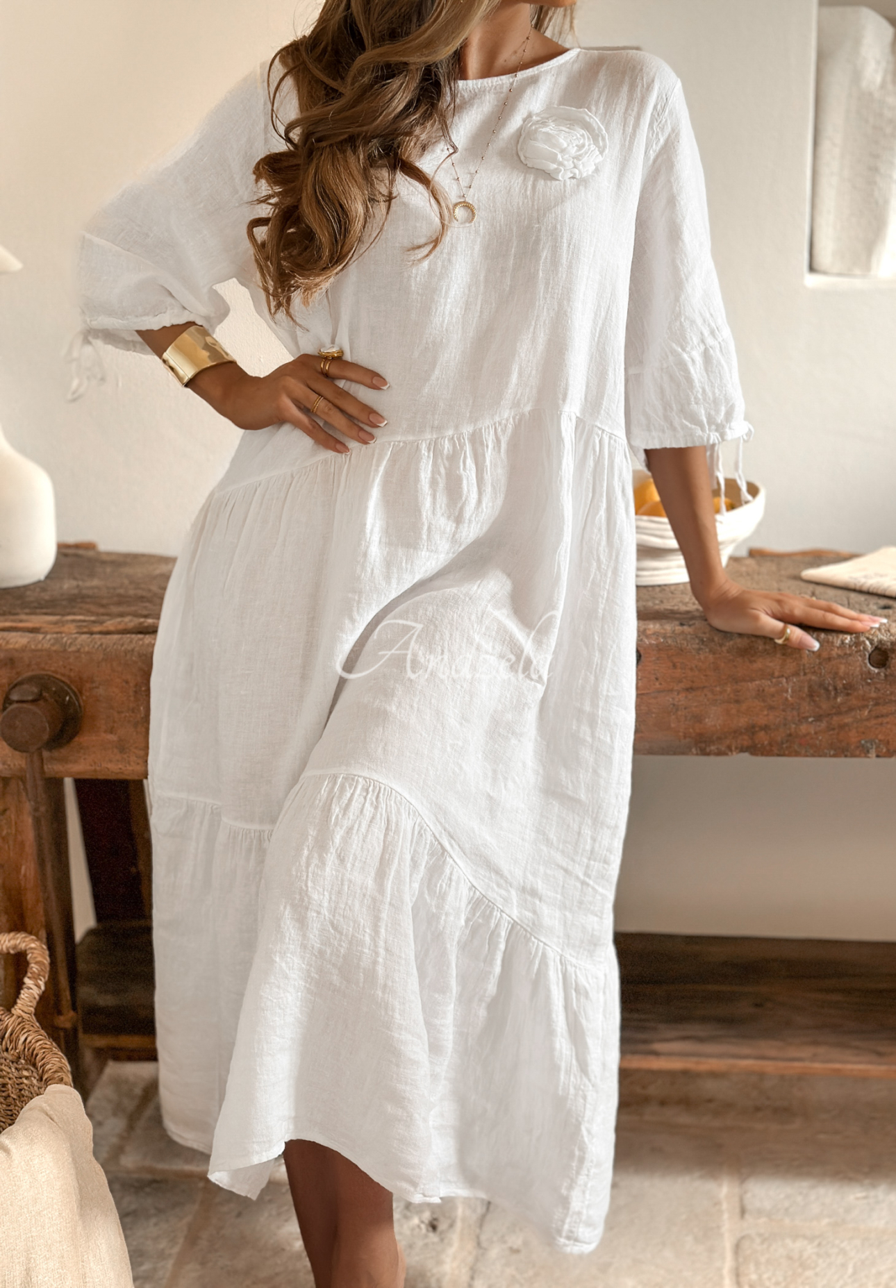 Linen dress with rose Take A Vacation white