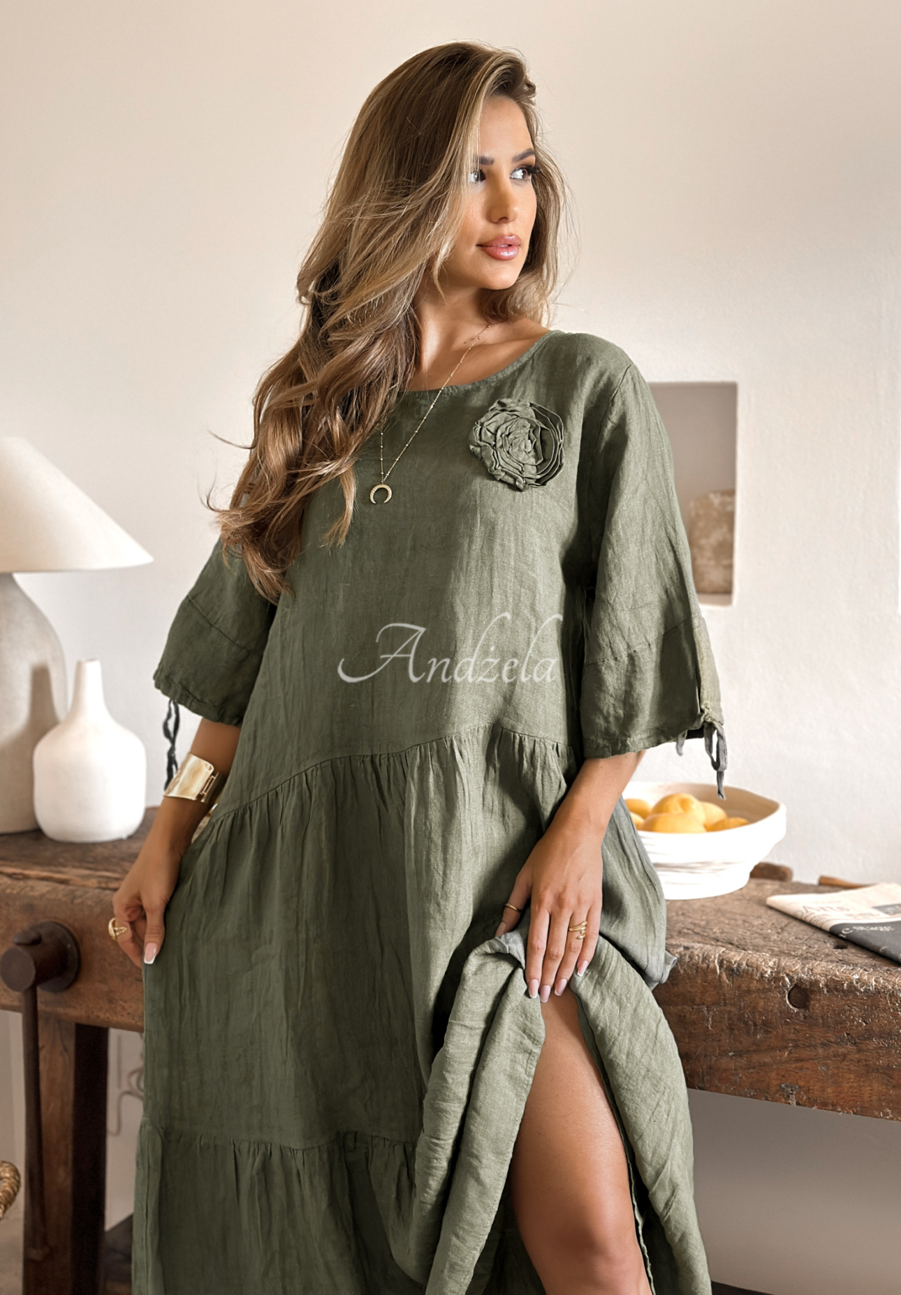 Linen dress with rose Take A Vacation khaki