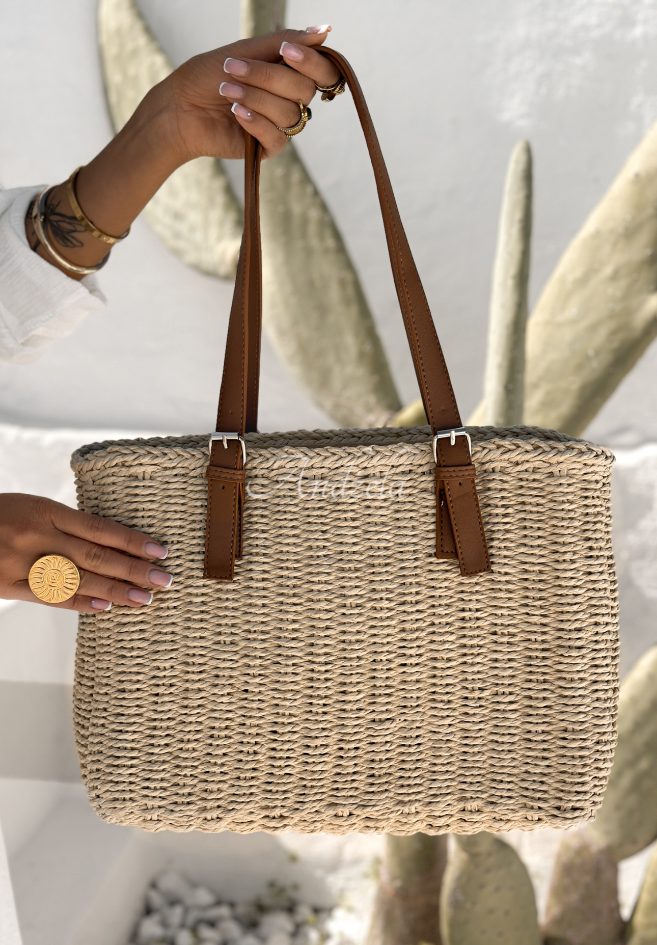 Beachside Bliss light beige braided handbag