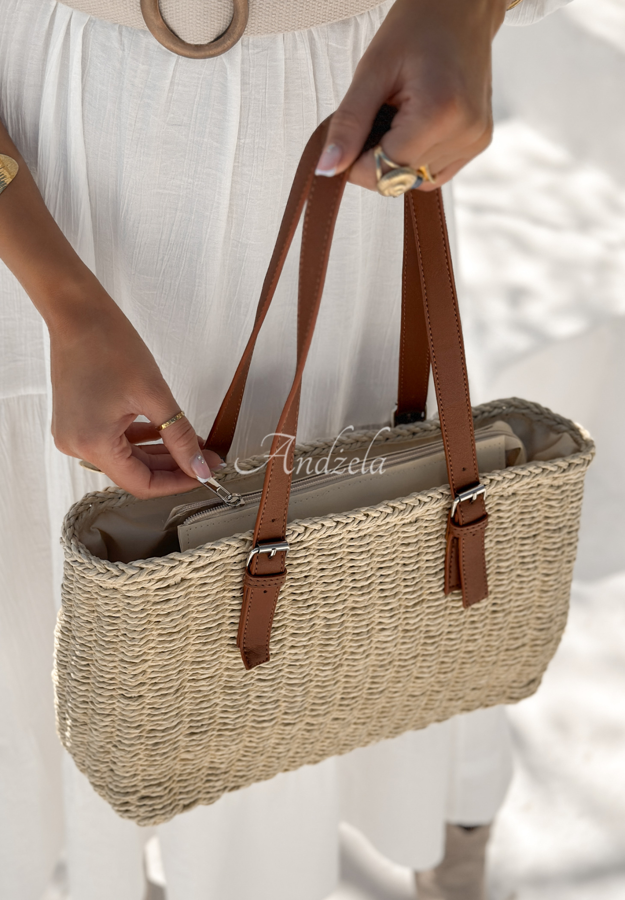 Beachside Bliss light beige braided handbag