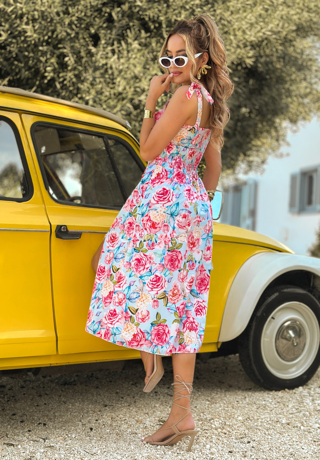 Summer Blooms blue floral strapless dress