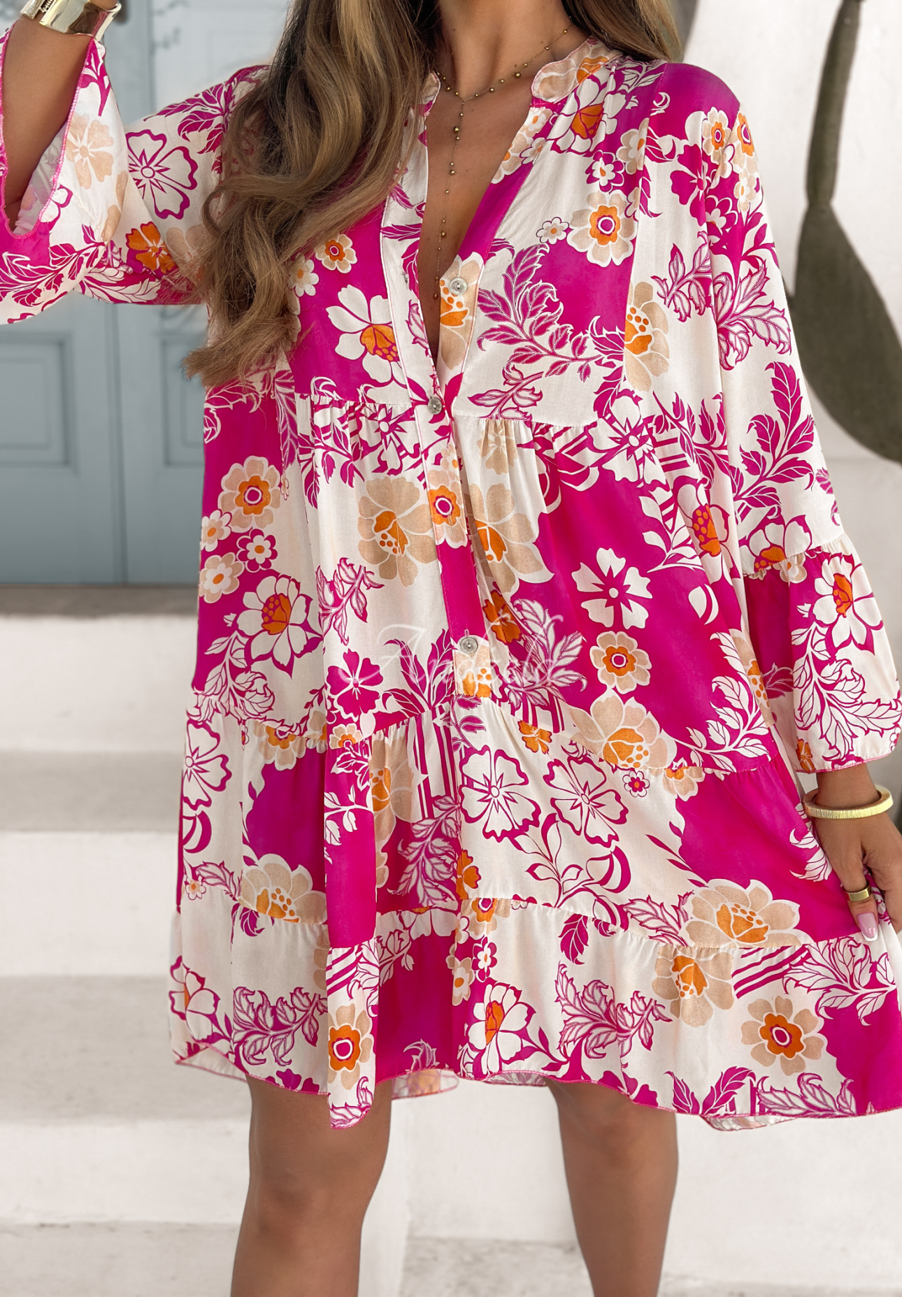 Patterned dress with frills Relaxed Sunshine pink and beige