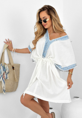 Viscose oversize dress with rhinestones Aqua Relaxations white and blue