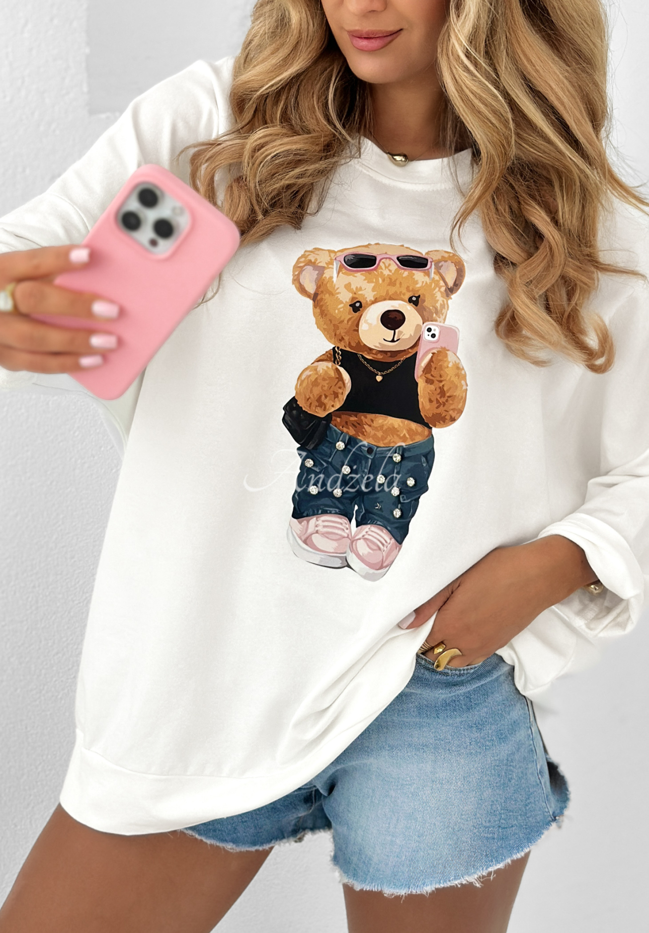 Bear Hug printed oversize sweatshirt white