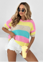 Sweter w paski Colorful Lines różowo-żółty