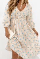 Bawełniana sukienka w paski i kwiaty Make Me Happy beżowa