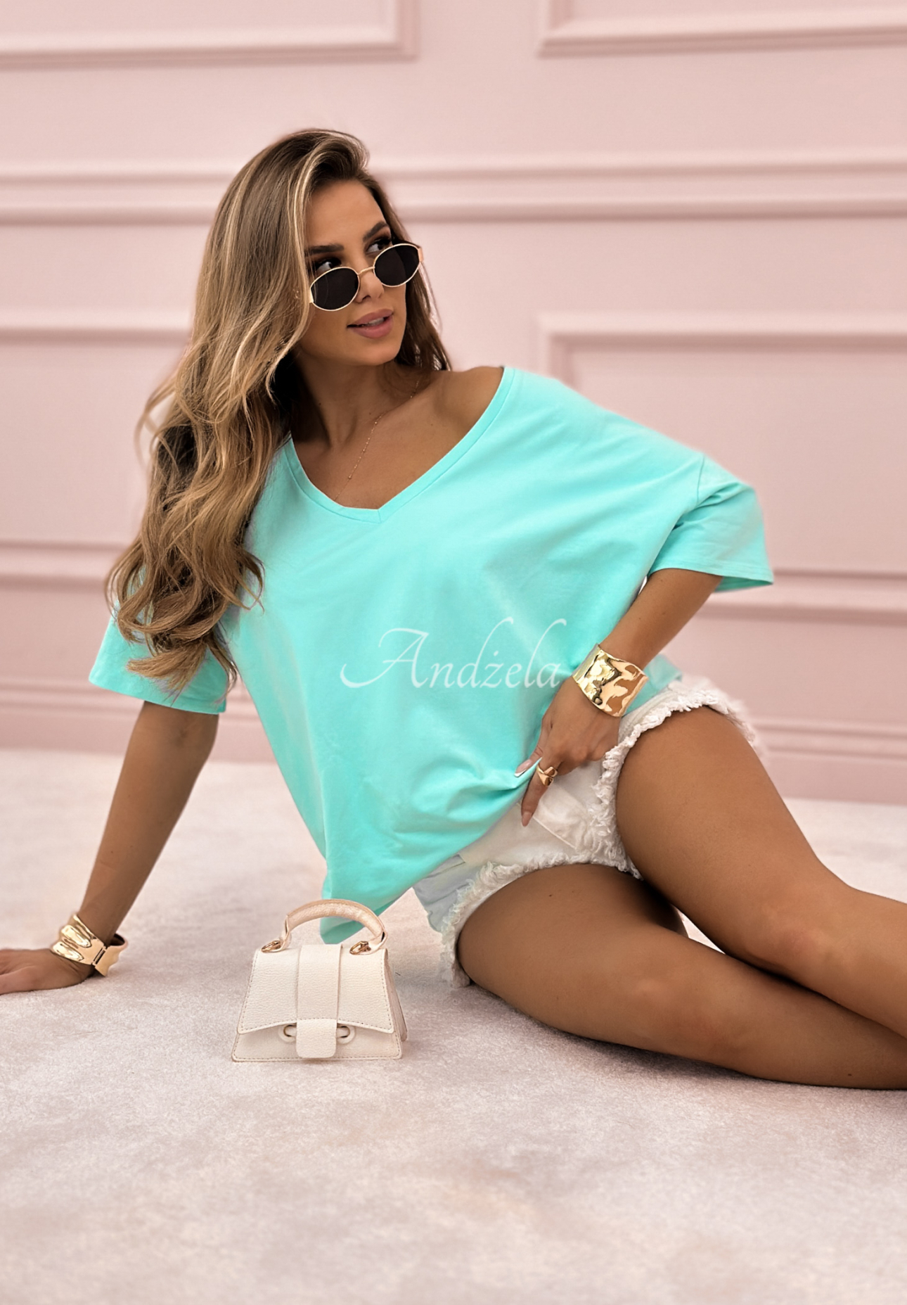 Bawełniany T-shirt oversize z dekoltem w serek Cascade turkusowy