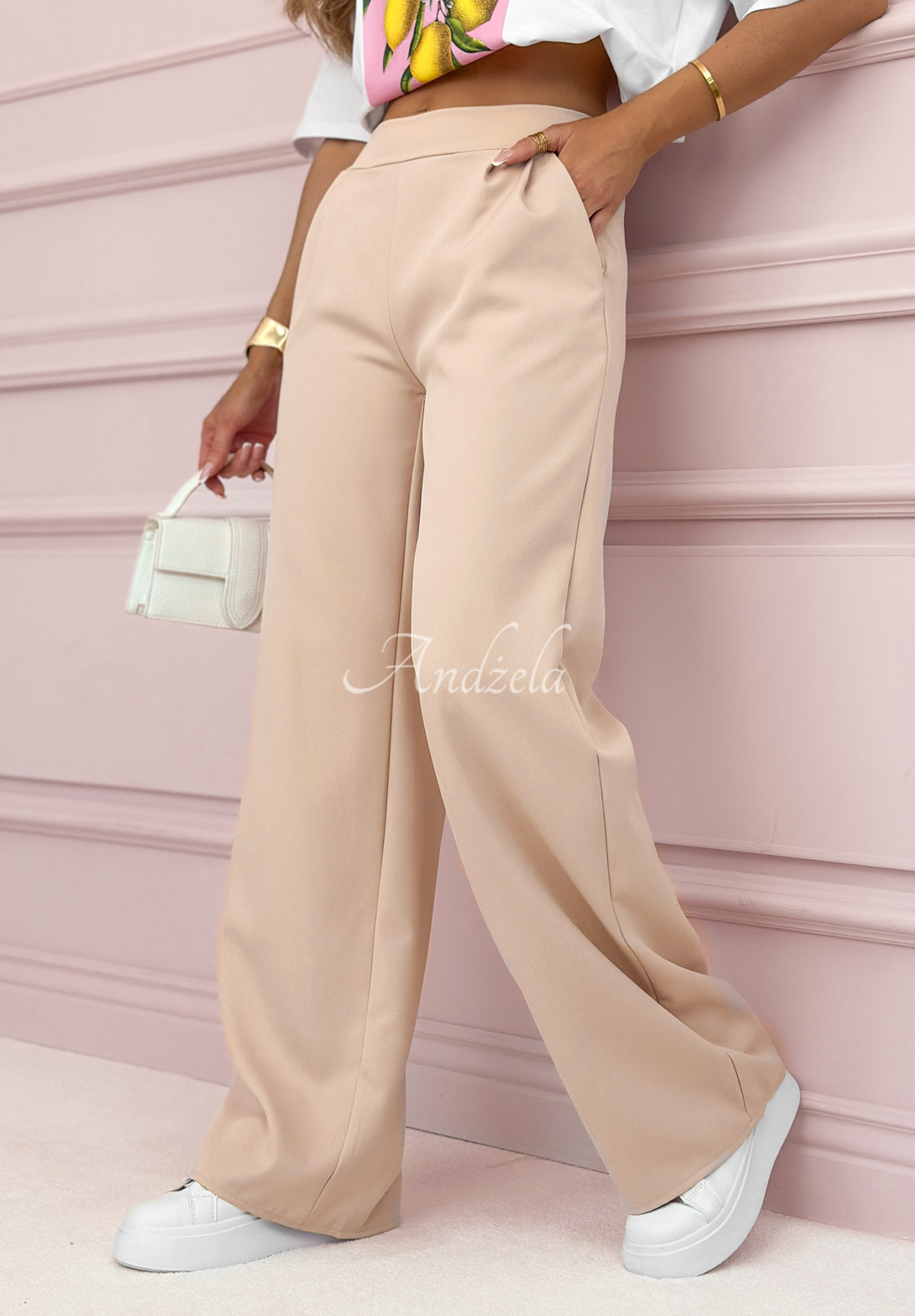Elegant Glamour Flow beige wide leg pants
