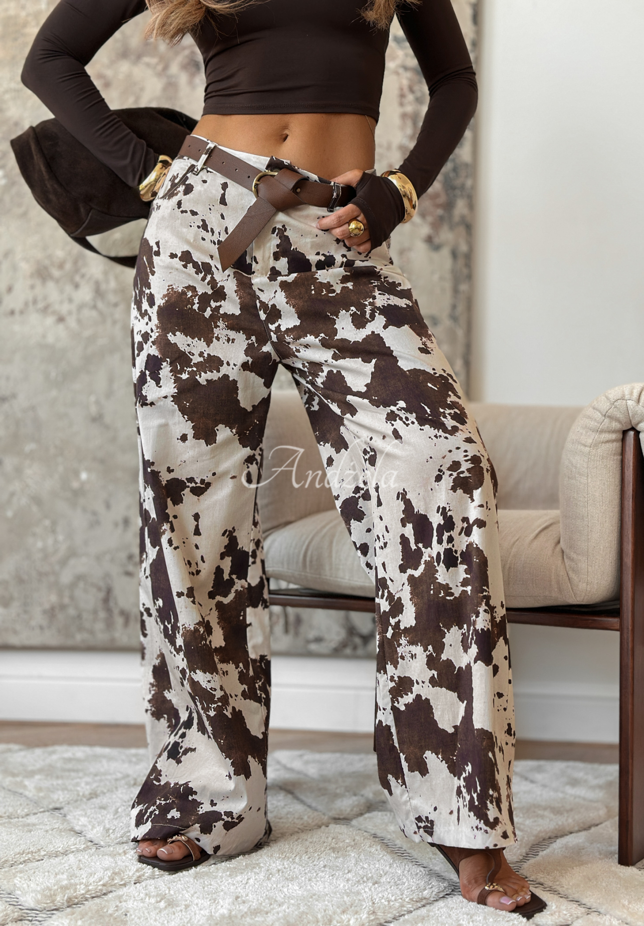 Pants in animal print with belt Outdoor Adventures white and chocolate