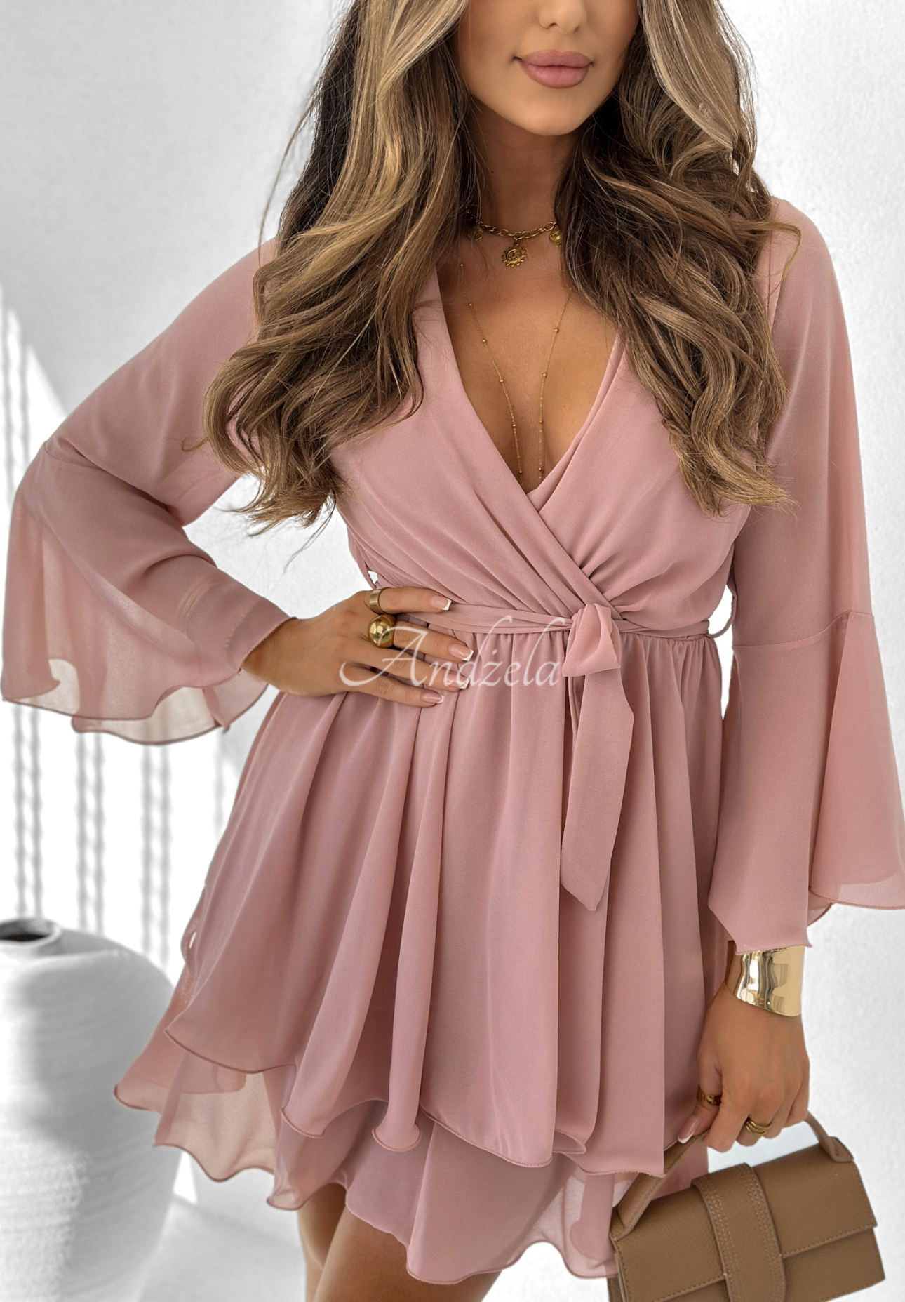 Dance Of Life powder pink blush blouson dress with belt