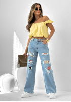 Spodnie jeansowe z przetarciami i naszywkami Cute & Trendy niebieskie