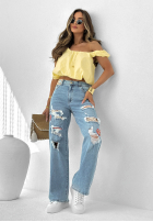 Spodnie jeansowe z przetarciami i naszywkami Cute & Trendy niebieskie