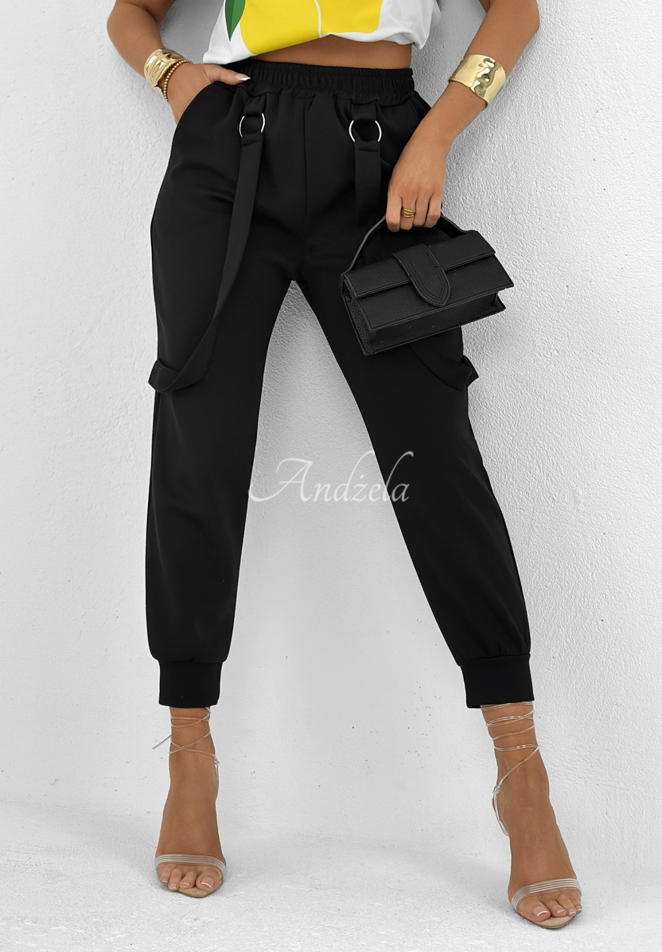 Fabric butter pants with suspenders Smooth Desire black