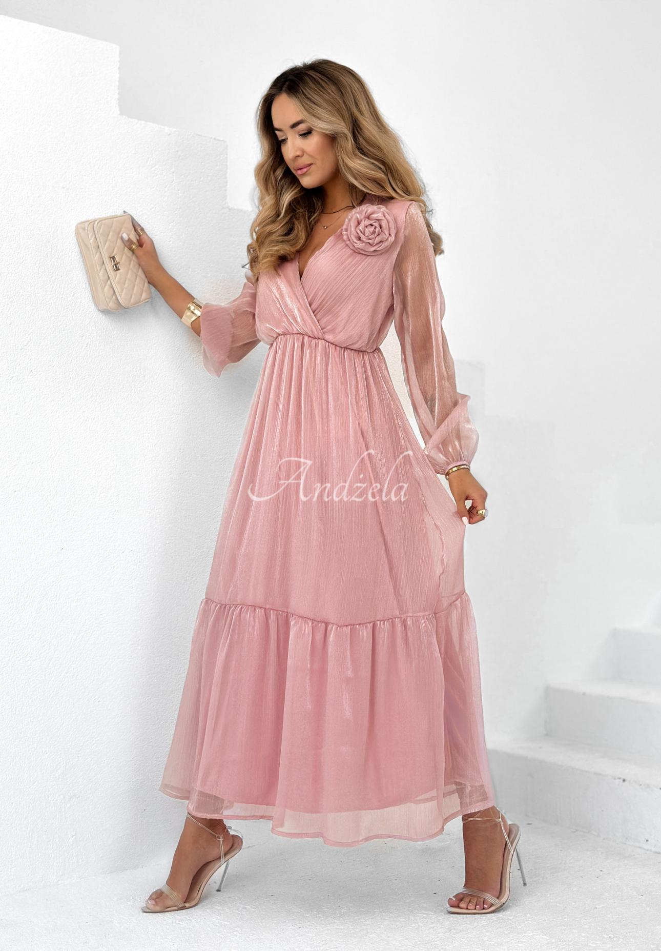 Flowery Detail chiffon dress powder pink