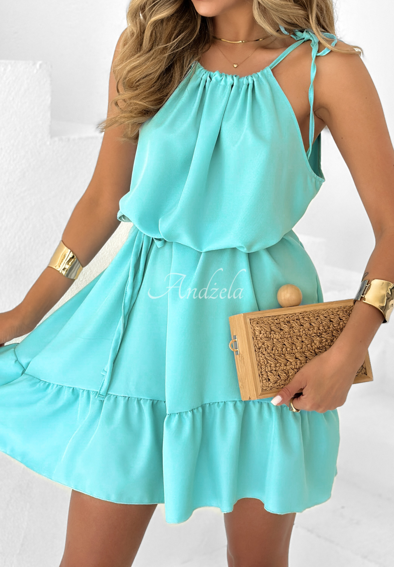 Strapless dress with ruffle La Fleur turquoise