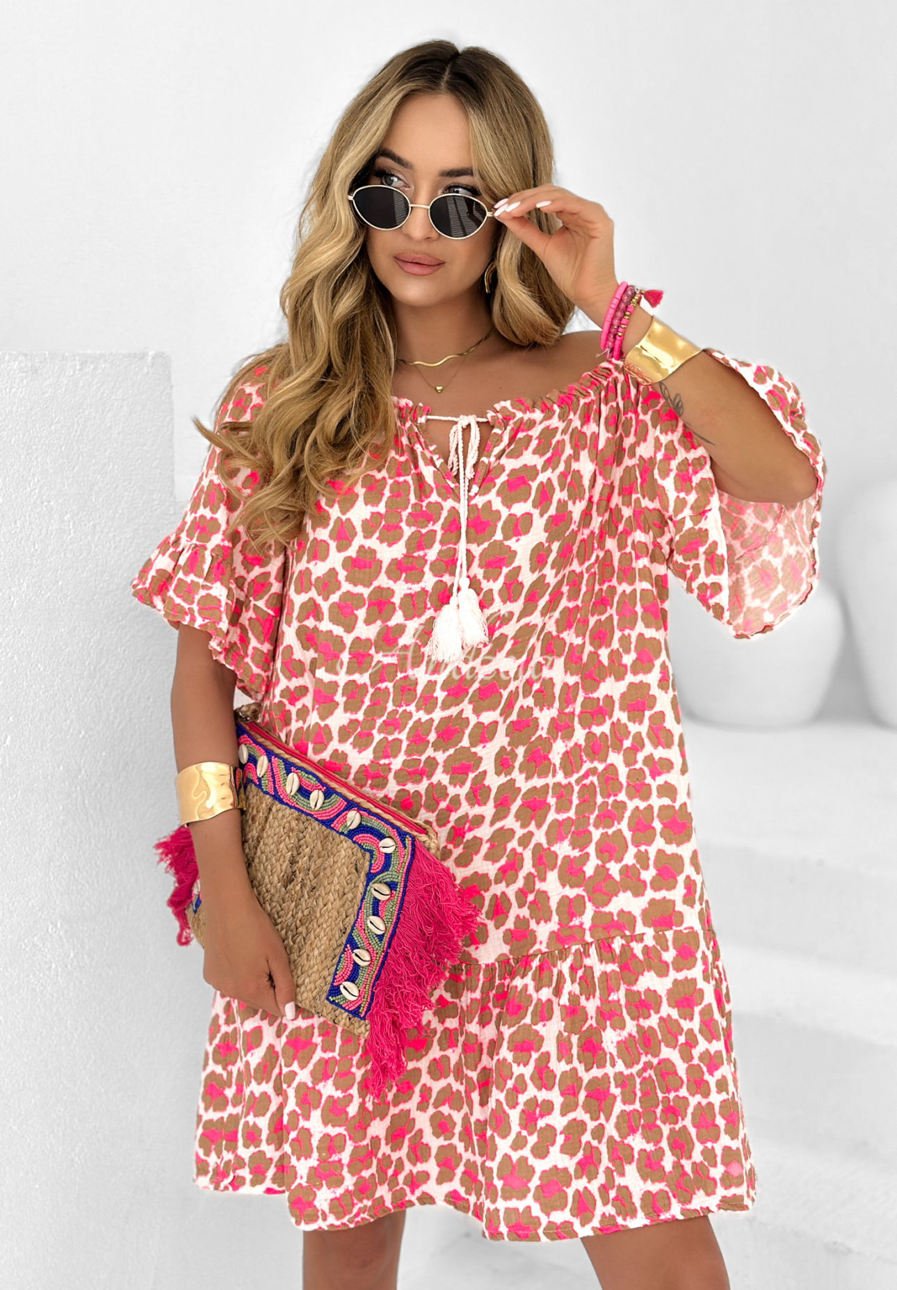 Blue Feeling panther muslin dress beige and pink