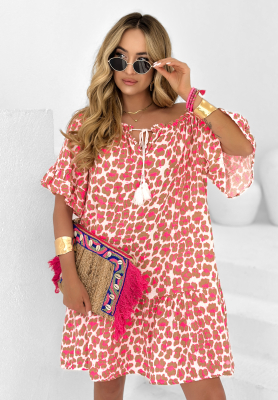 Blue Feeling panther muslin dress beige and pink