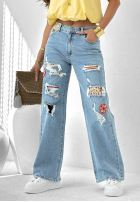 Spodnie jeansowe z przetarciami i naszywkami Cute & Trendy niebieskie
