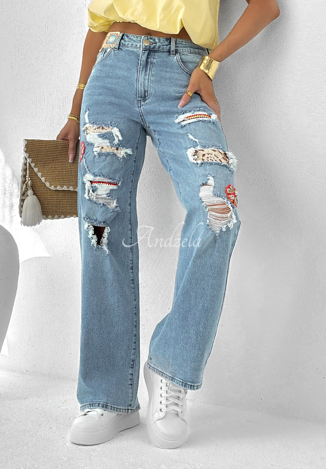 Denim pants with rubbing and embroidery Cute & Trendy blue