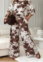 Materiałowe spodnie wide leg Furry Whirls biało-czekoladowe