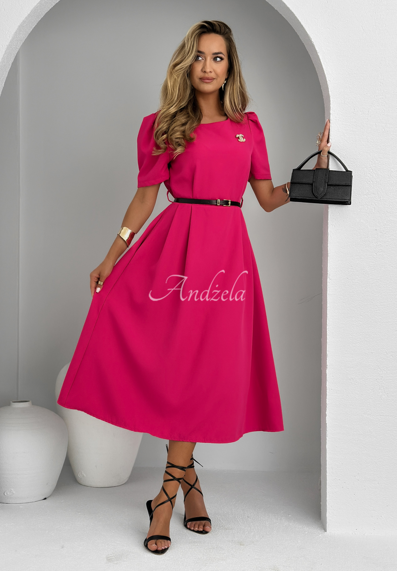 Midi dress with buffets and belt The True Value fuchsia
