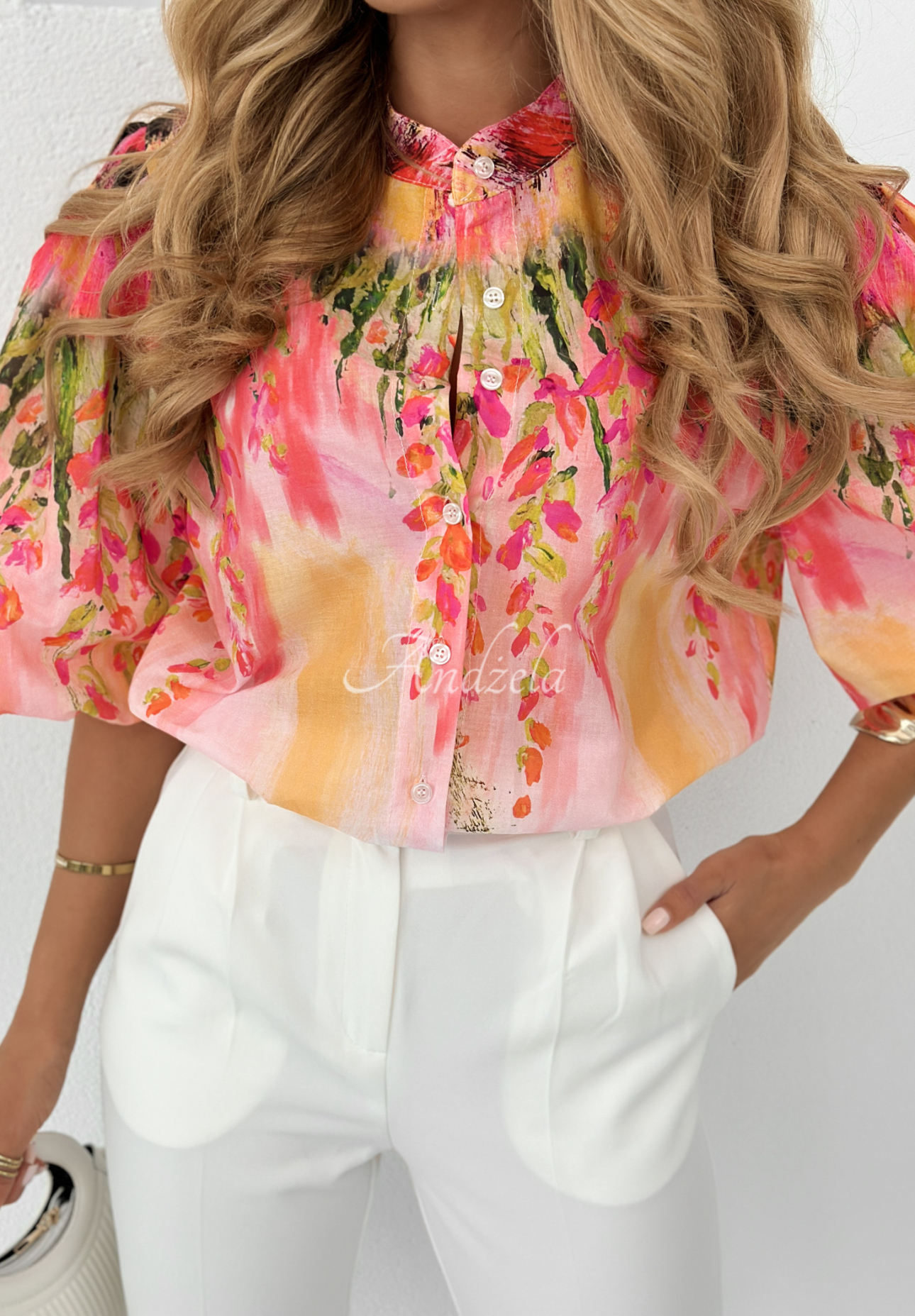 Meadow Mosaic white and pink patterned shirt