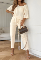 T-shirt oversize z dekoltem w serek Cascade waniliowy