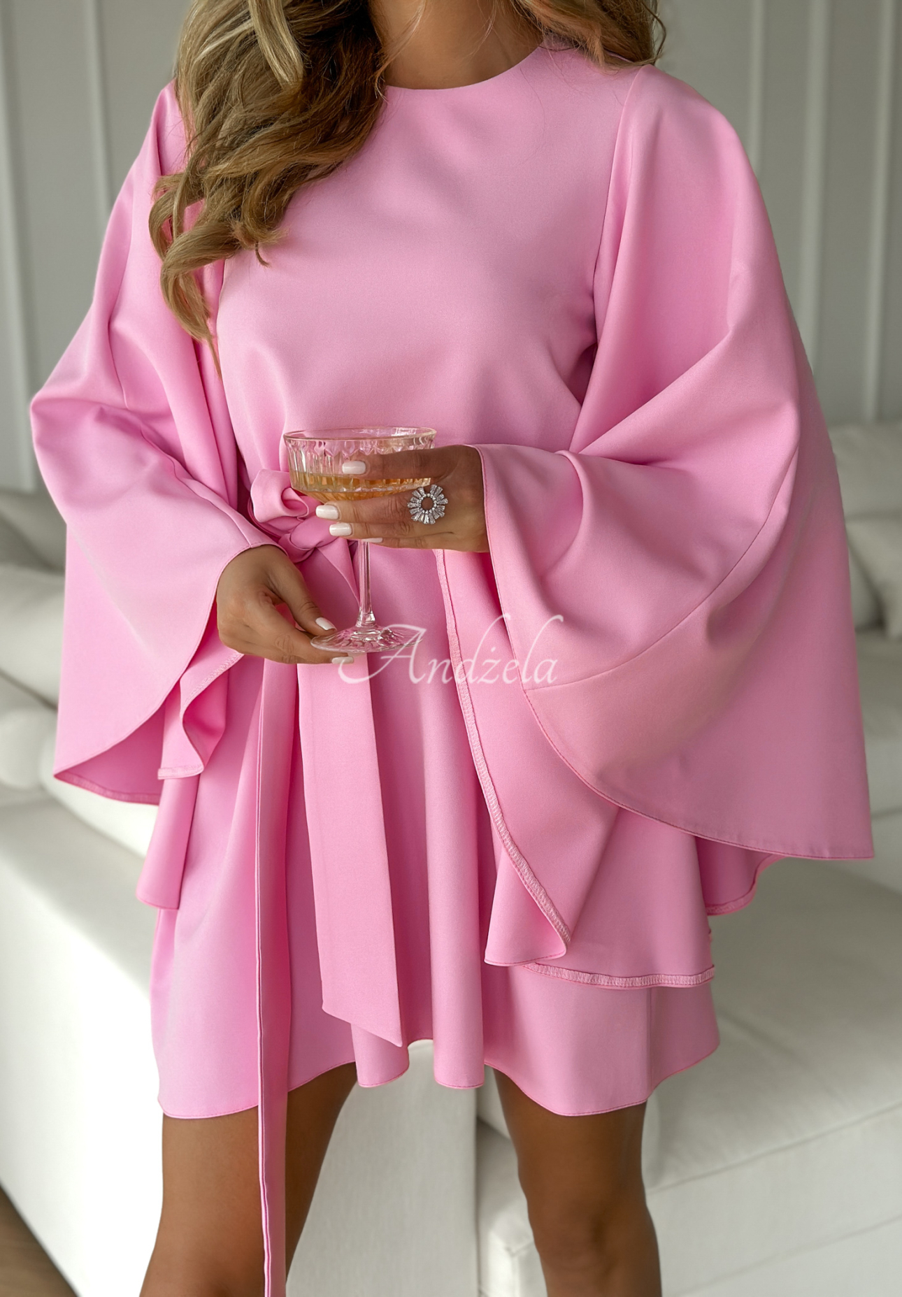 Trapeze bat dress with belt Happiness Magnet pink