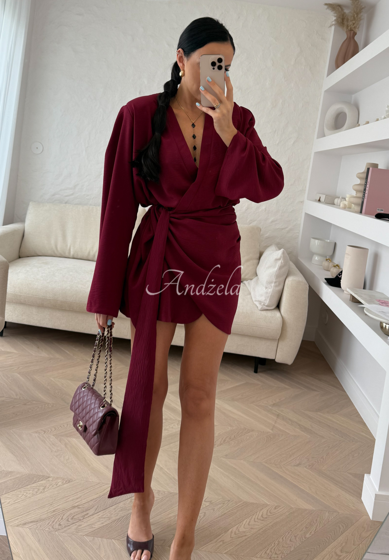 Linen dress with belt La Milla Don't Waste Time burgundy