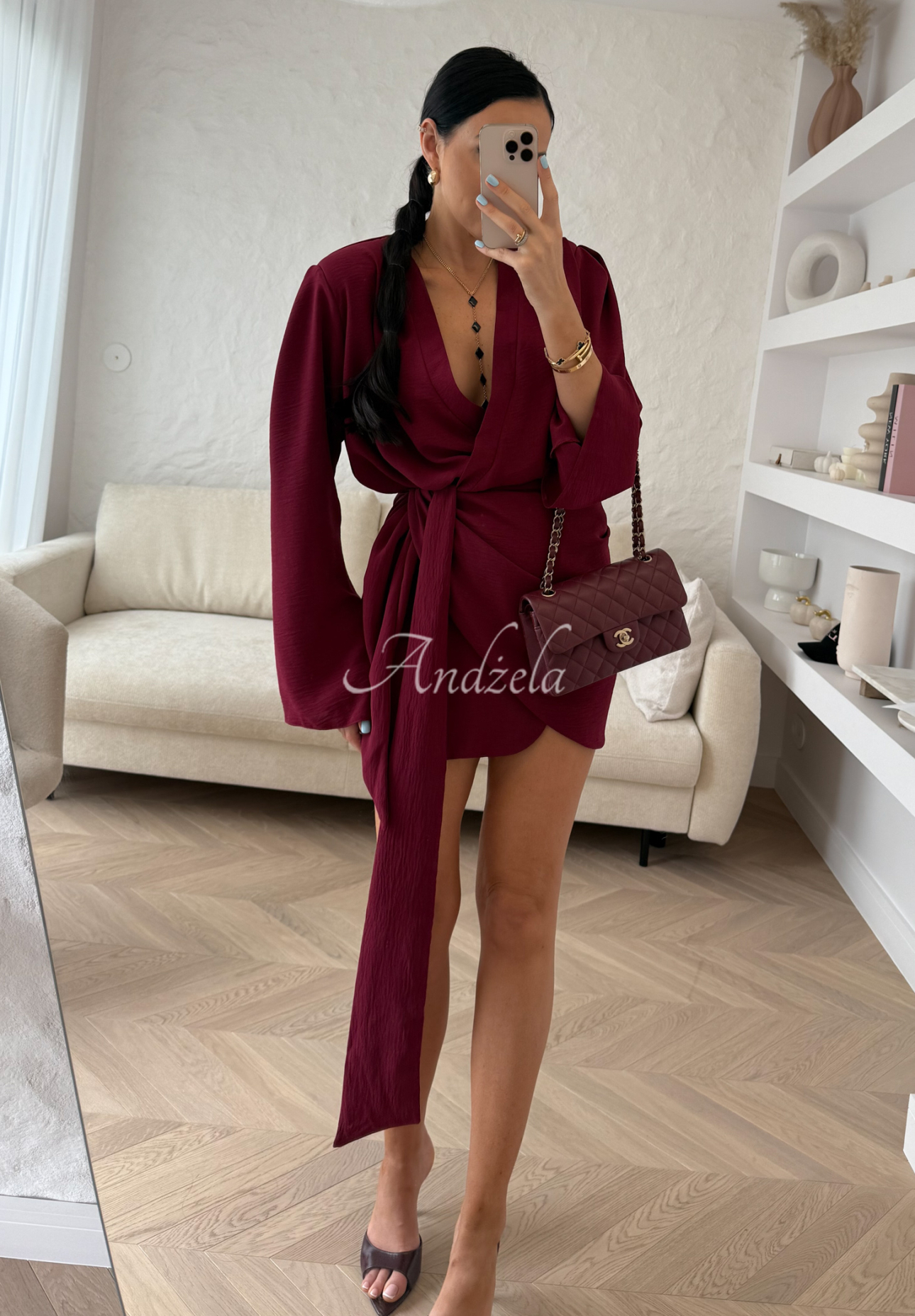 Linen dress with belt La Milla Don't Waste Time burgundy