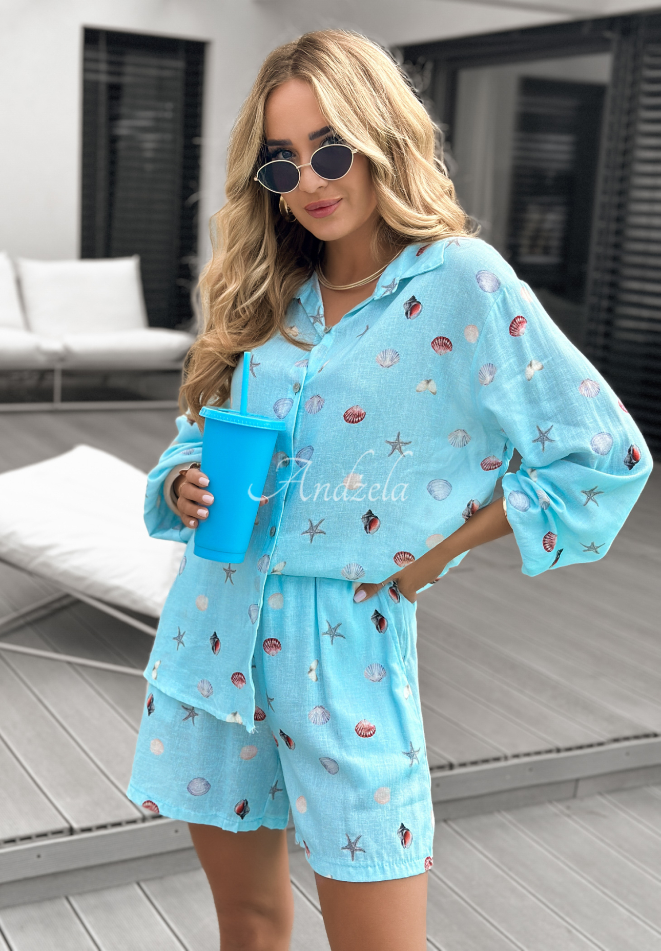 Linen set of shirt and short shorts Sea Gifts blue