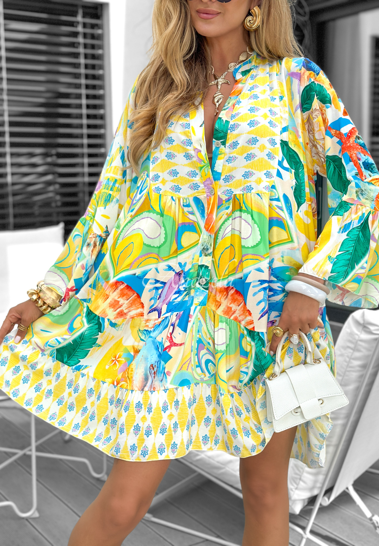 Patterned dress with ruffles Relaxed Sunshine yellow and blue