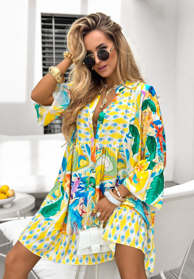 Patterned dress with ruffles Relaxed Sunshine yellow and blue