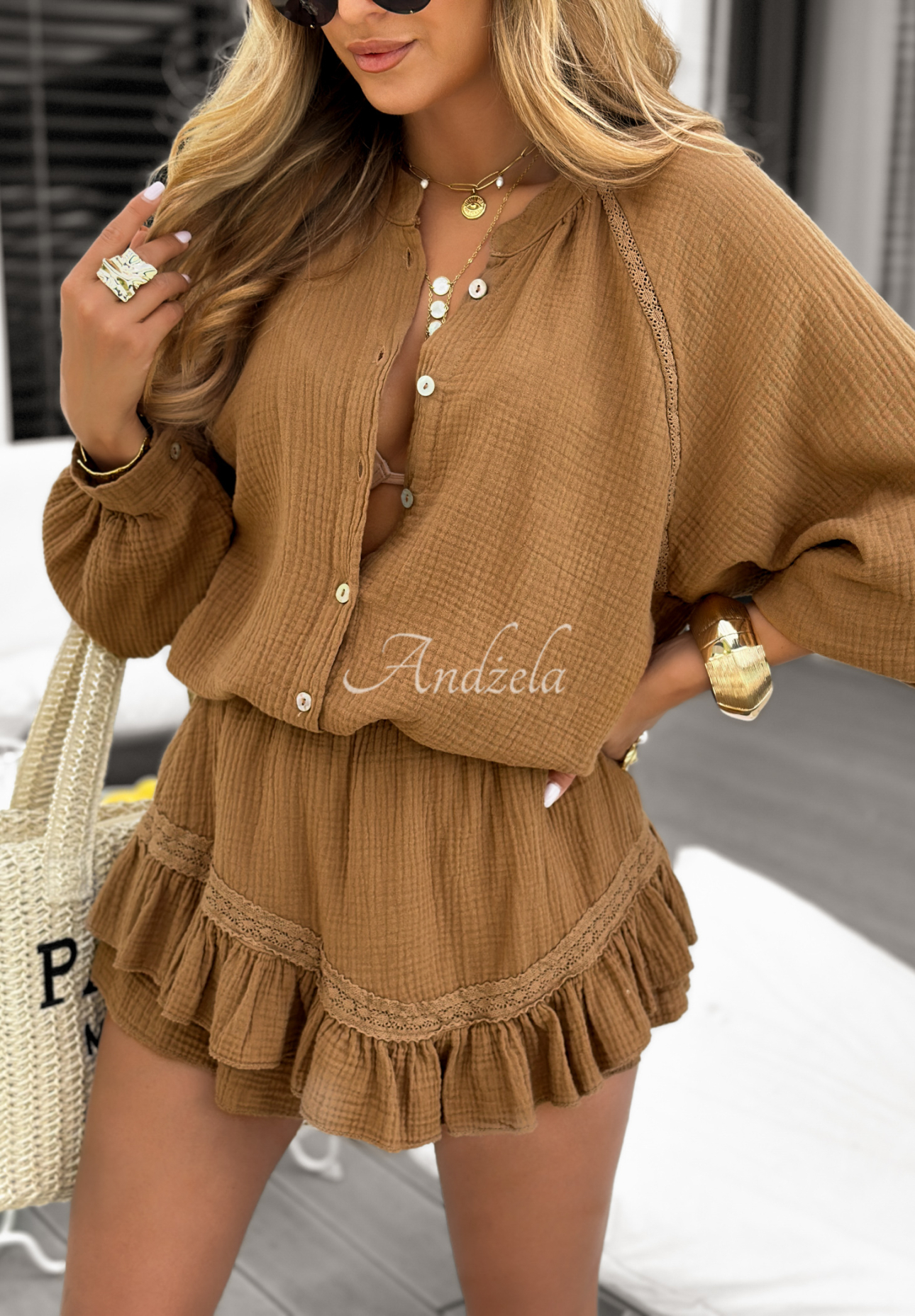 Muslin set shirt and short shorts Coconut Life camel