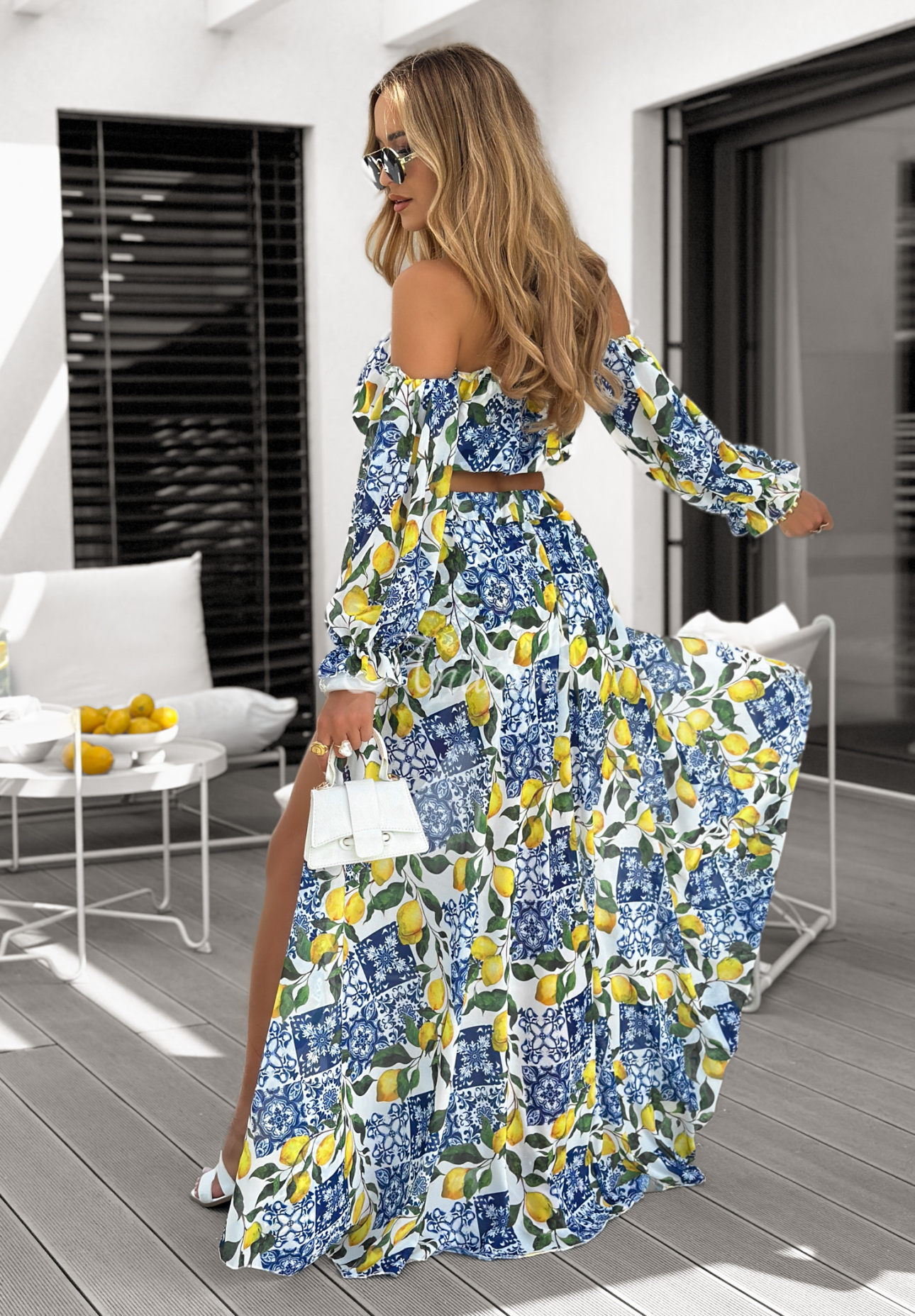 Set of spangled blouse and shorts in lemons On The Runway white and navy blue