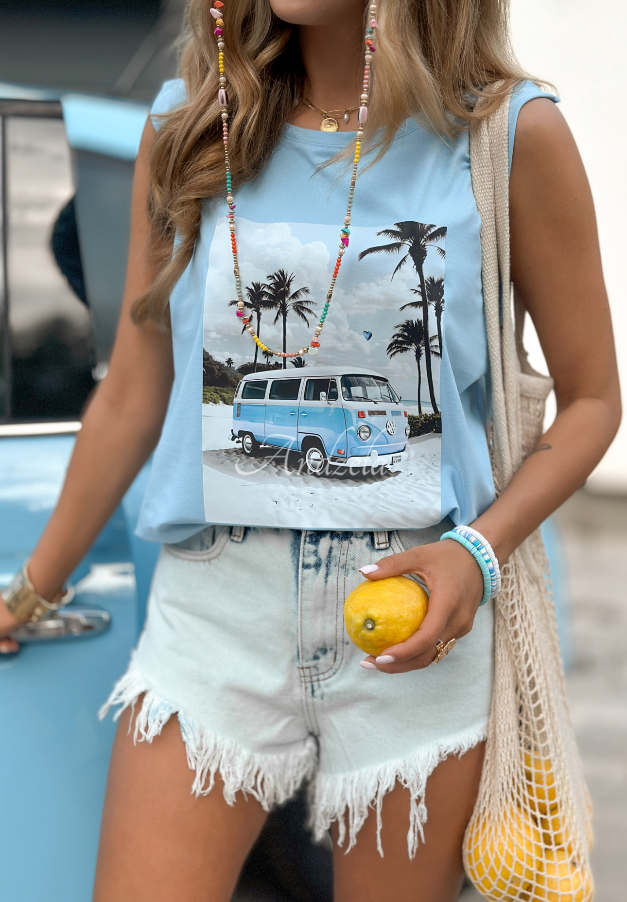 Tank top z nadrukiem Vacation Bus błękitny