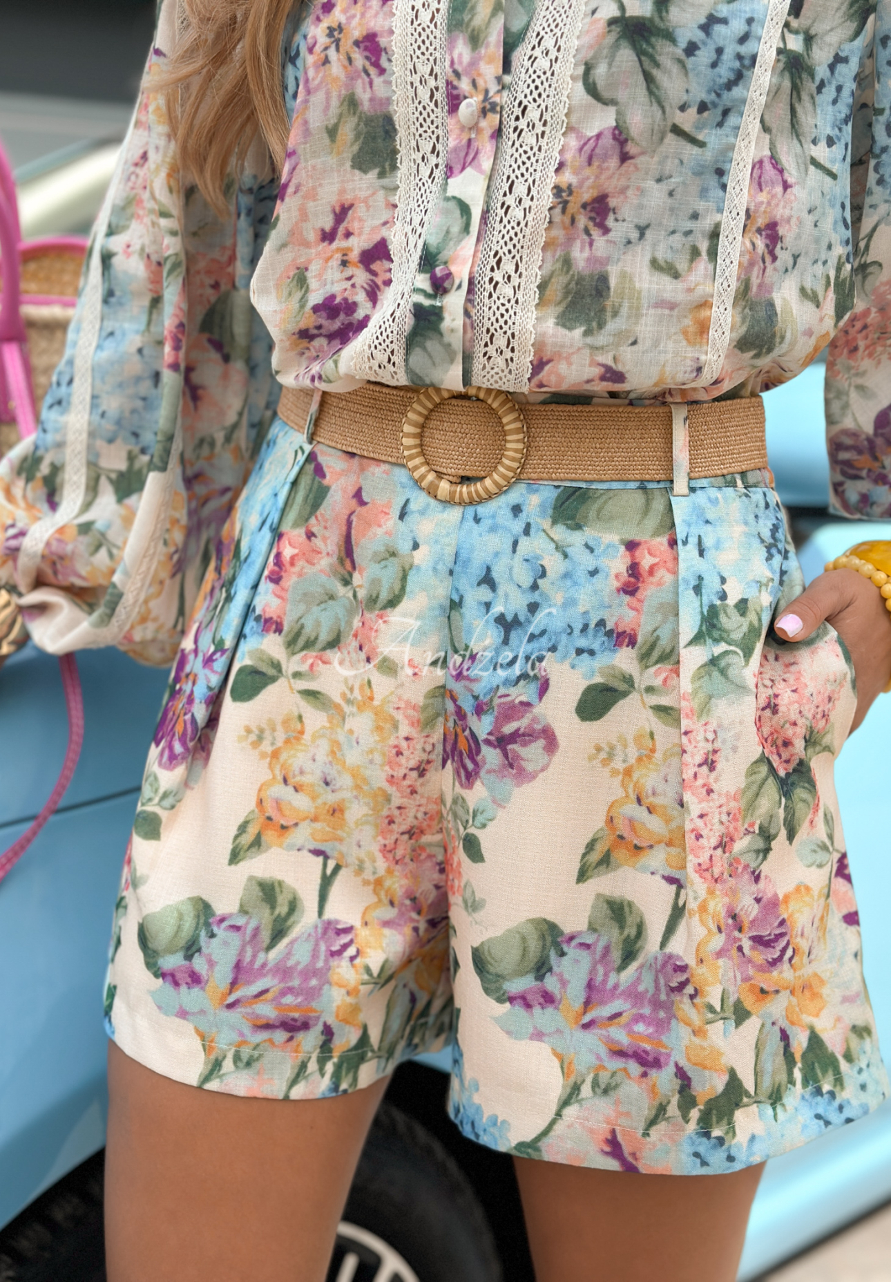 Floral set shirt and short shorts Tanzania beige