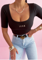 Krótka wiskozowa bluzka z napisem Icon czarna
