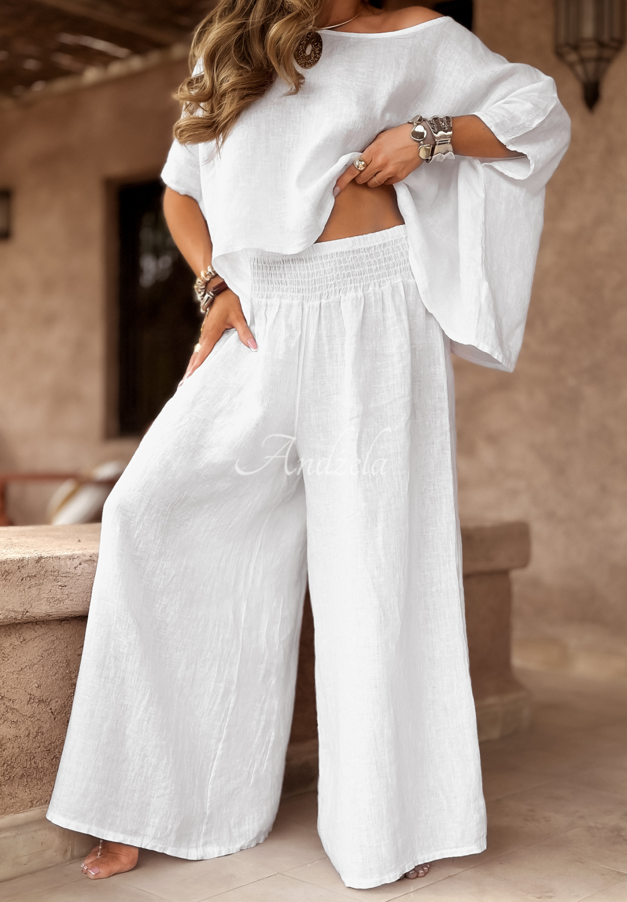 Lniany komplet bluzka i spodnie wide leg Desert Princess biały