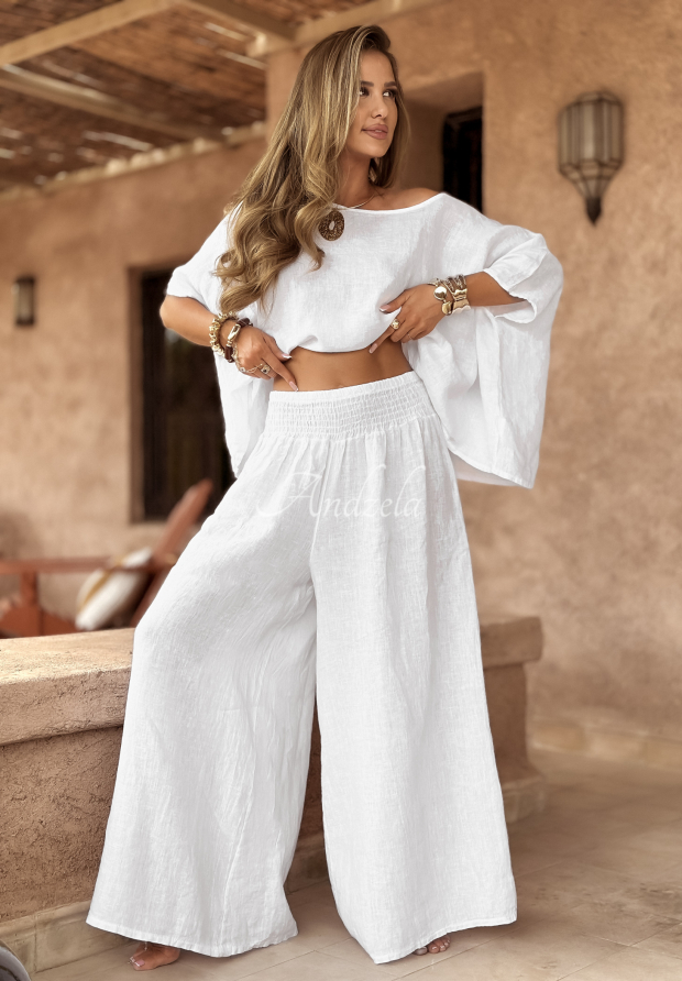 Lniany komplet bluzka i spodnie wide leg Desert Princess biały