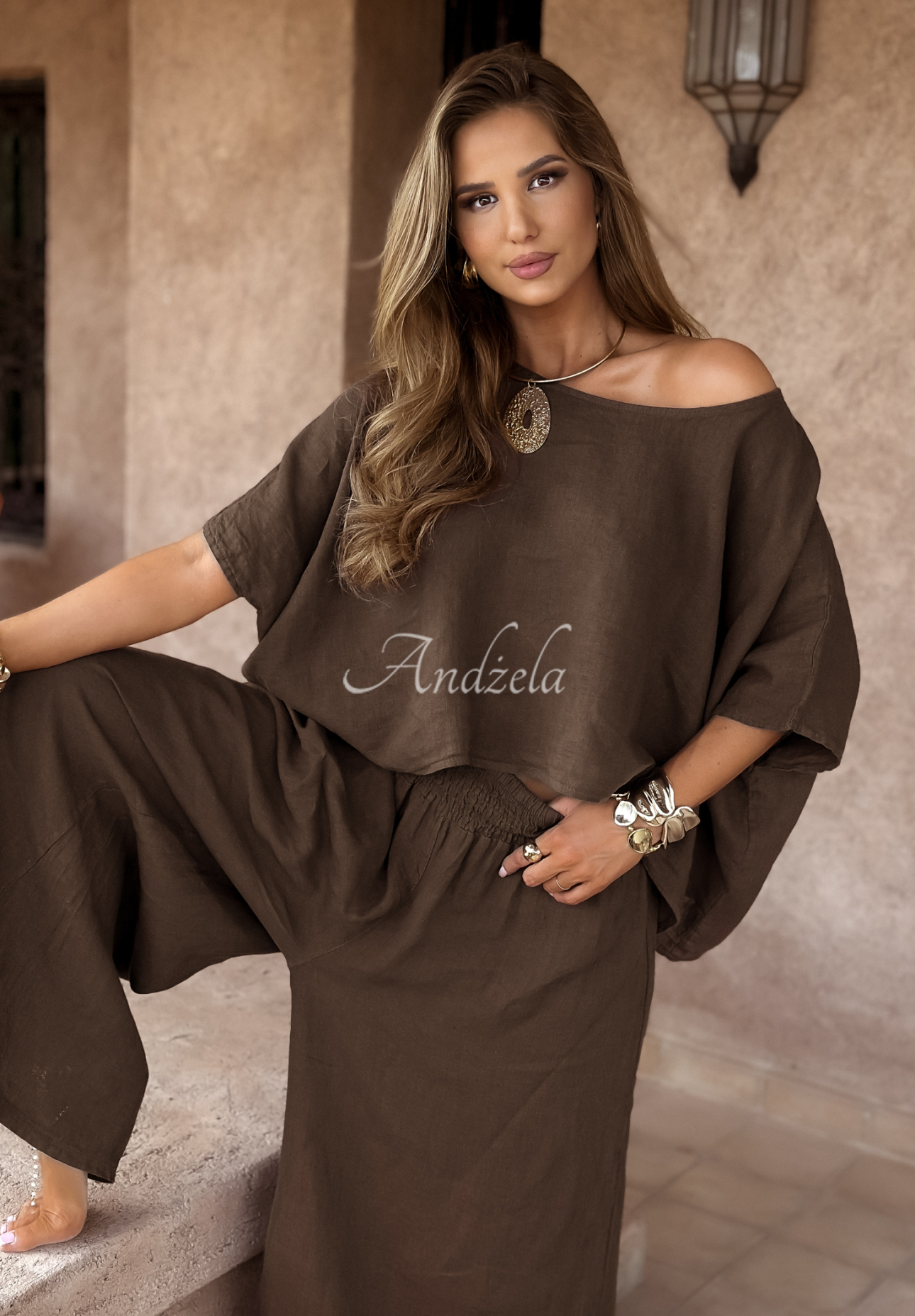 Lniany komplet bluzka i spodnie wide leg Desert Princess czekoladowy