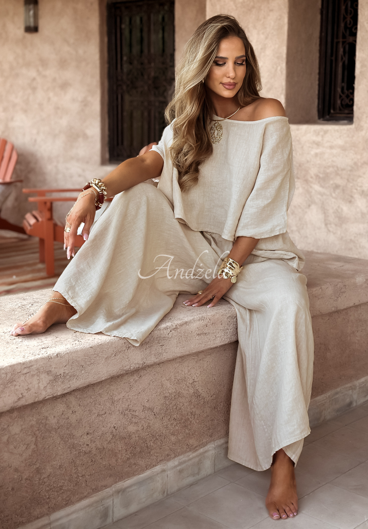 Linen set blouse and wide leg pants Desert Princess light beige