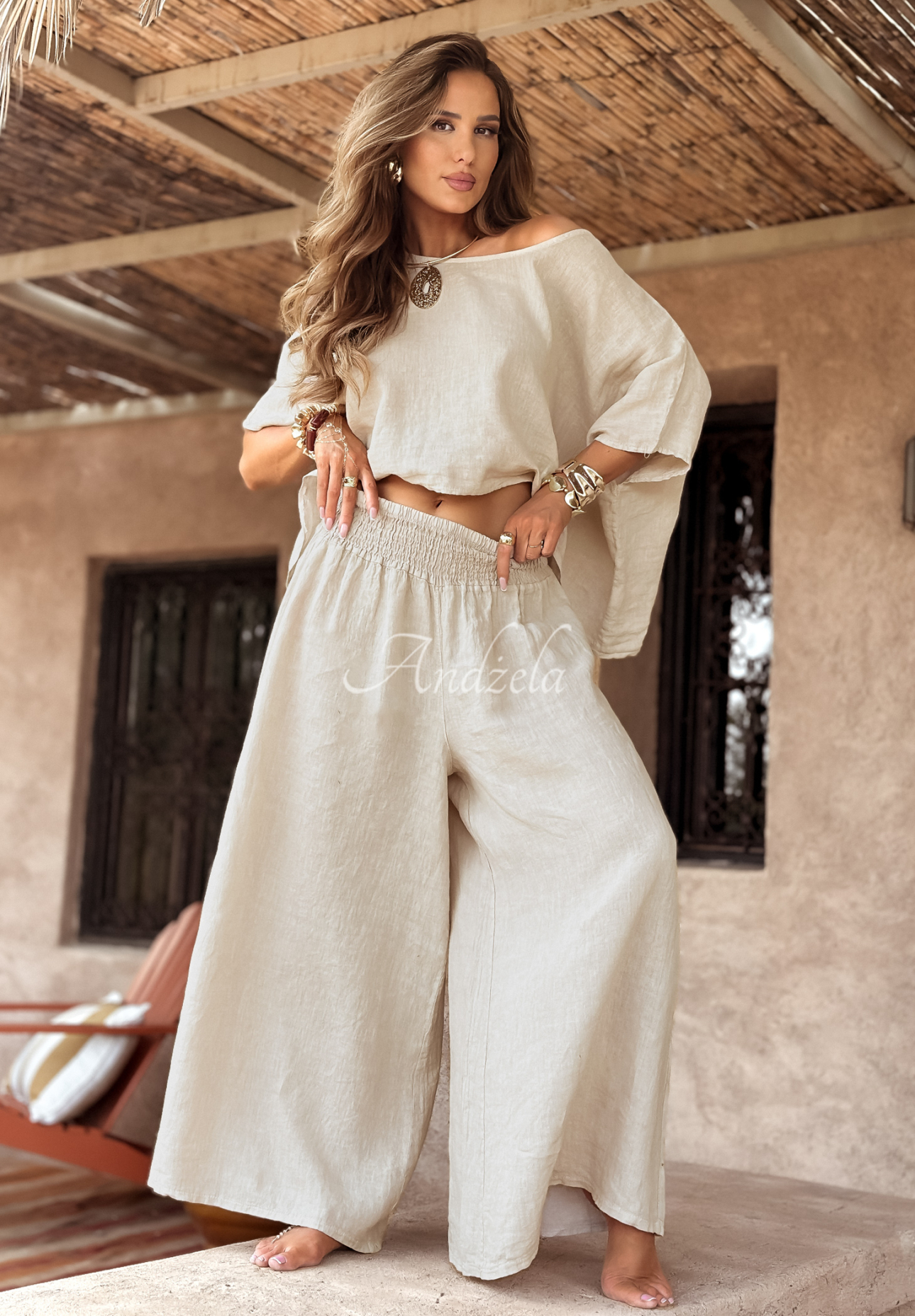 Linen set blouse and wide leg pants Desert Princess light beige