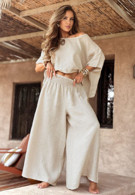 Linen set blouse and wide leg pants Desert Princess light beige